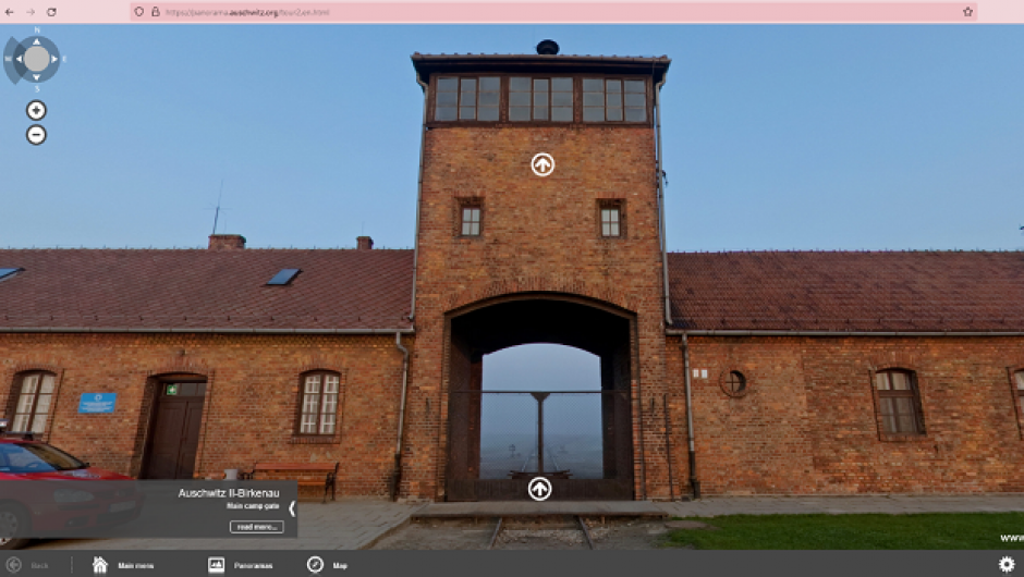 Screenshot aus der Anwendung „Panorama Auschwitz“. Zugriff via https://panorama.auschwitz.org/tour2,en.html